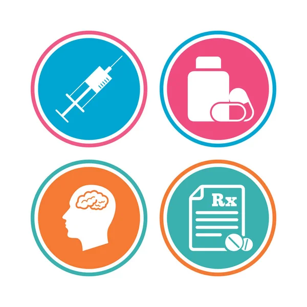 Medicine icons. Tablets bottle, brain, Rx. — Stock Vector