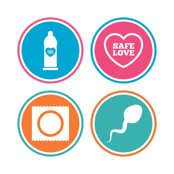 De pictogrammen van de liefde van de veilige sex. Condoom in pakket symbolen. — Stockvector