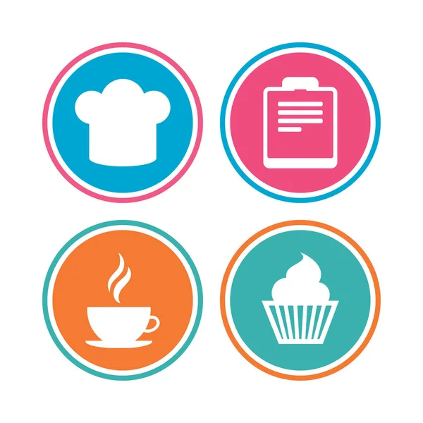 咖啡杯子图标。厨师的帽子符号。松饼蛋糕. — 图库矢量图片