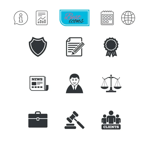 Lawyer, scales of justice icons. Auction hammer. — Stock Vector