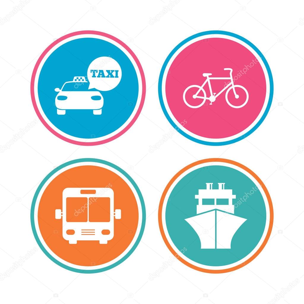 Transport icons. Taxi car, Bicycle, Bus and Ship.
