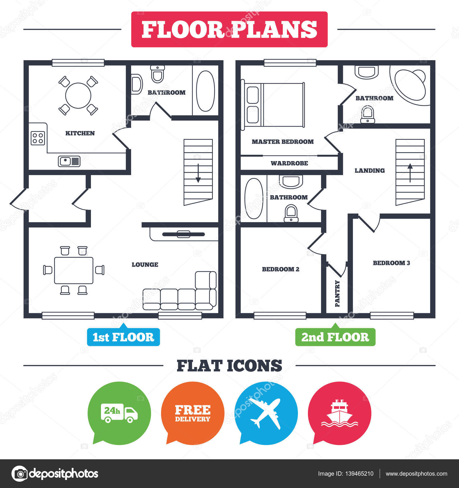 Cargo Truck Free Delivery Service Stock Vector House Floor Plan Cargo Truck And Icons Free Delivery Signs Transport Symbols 24h Service Kitchen Lounge Bathroom Vector