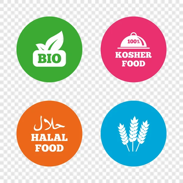 Natuurlijke Bio voedsel pictogrammen. Halal en Kosher ondertekent. — Stockvector