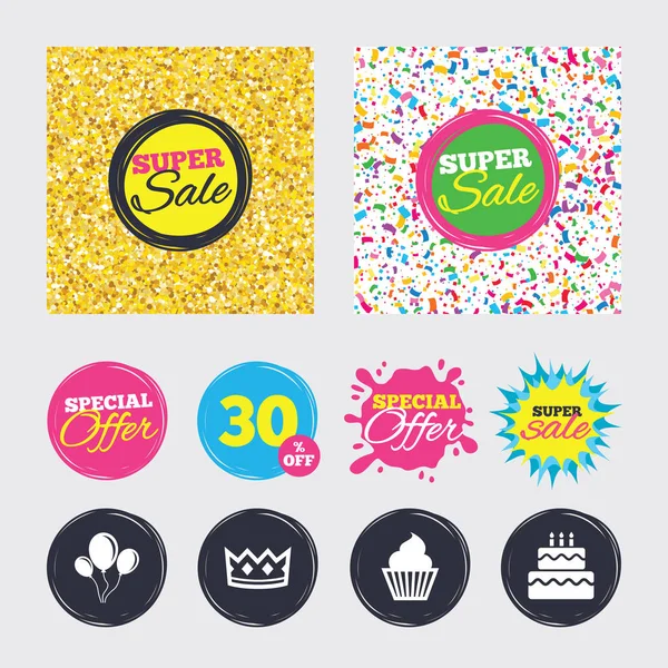 Iconos de fiesta de cumpleaños. Pastel y cupcake símbolo . — Vector de stock