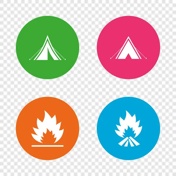 Turistické camping stan znamení. Oheň zpomalující ikony. — Stockový vektor