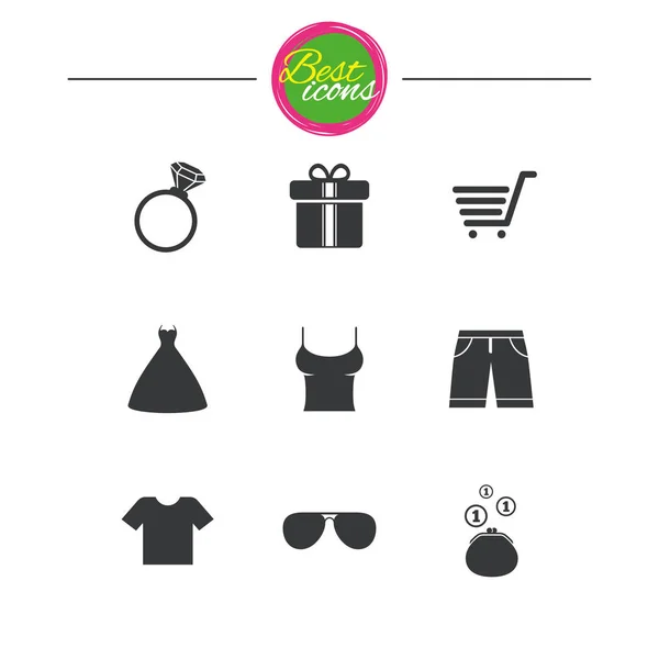 Abbigliamento, accessori icone. Segni di shopping . — Vettoriale Stock