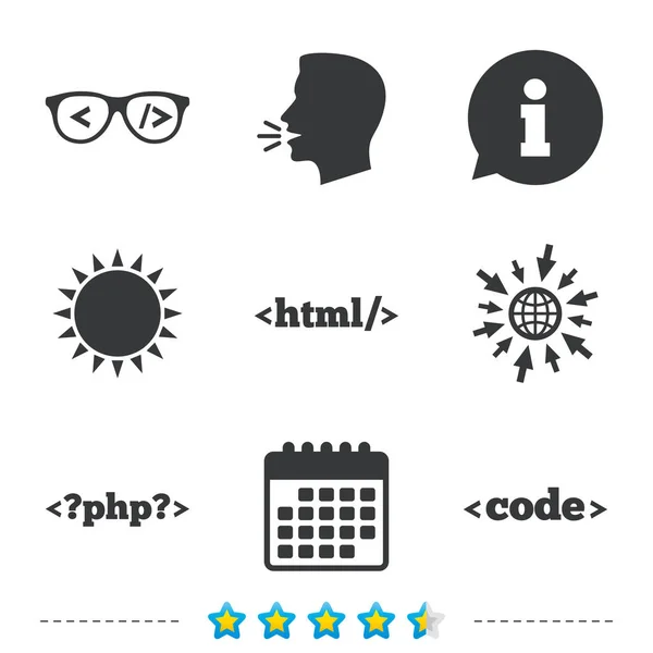 Programmer coder glasses. HTML markup language. — Stock Vector