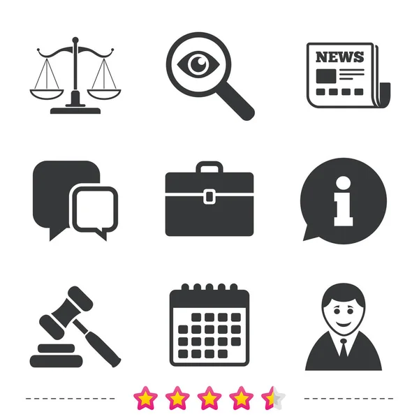 Scales of Justice icon. Auction hammer and case. — Stock Vector