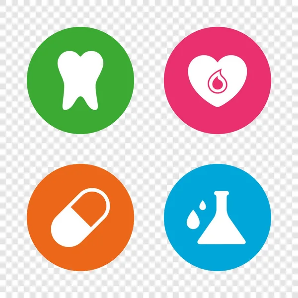 Iconos médicos. Píldora, diente, química y corazón . — Archivo Imágenes Vectoriales