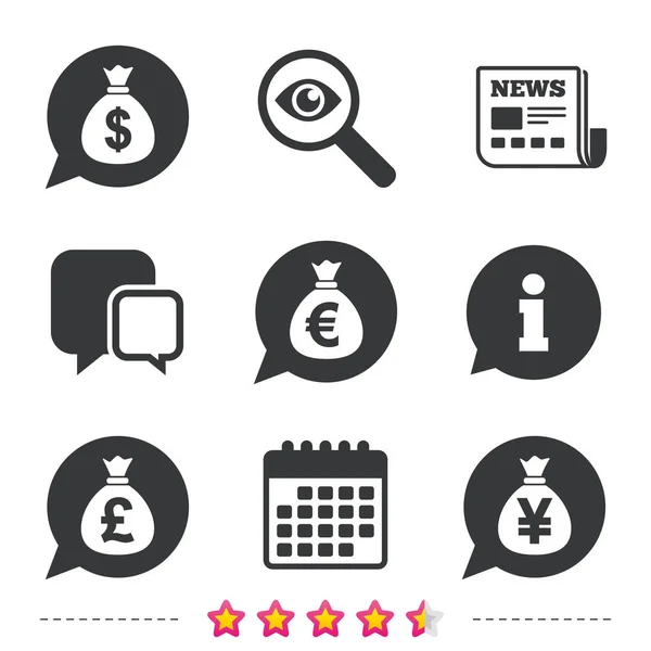 Pénz táska ikonok. Dollár, euró, font és Jen. — Stock Vector