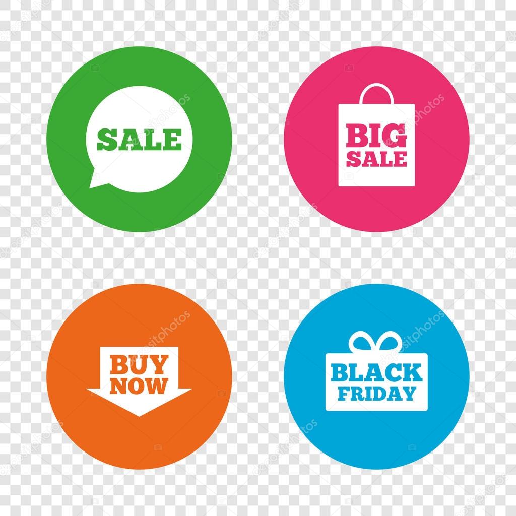 Sale speech bubble icons. Buy now arrow symbol.