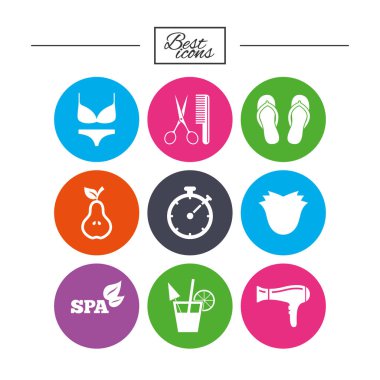 Hairdresser, spa icons. Diet cocktail sign. clipart