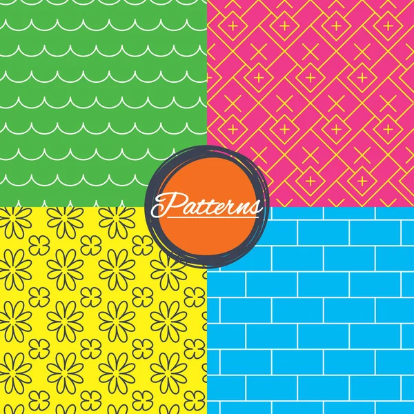Waves, flowers and bricks seamless textures. — Stock Vector