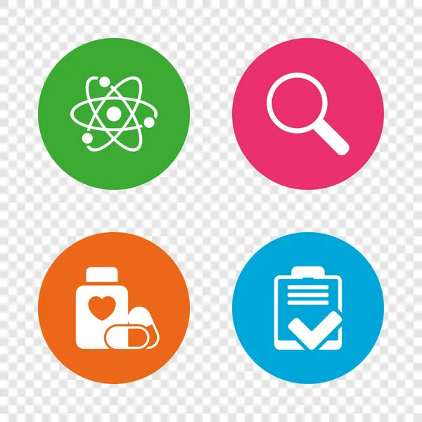 Medical icons. Atom, magnifier glass, checklist. — Stock Vector