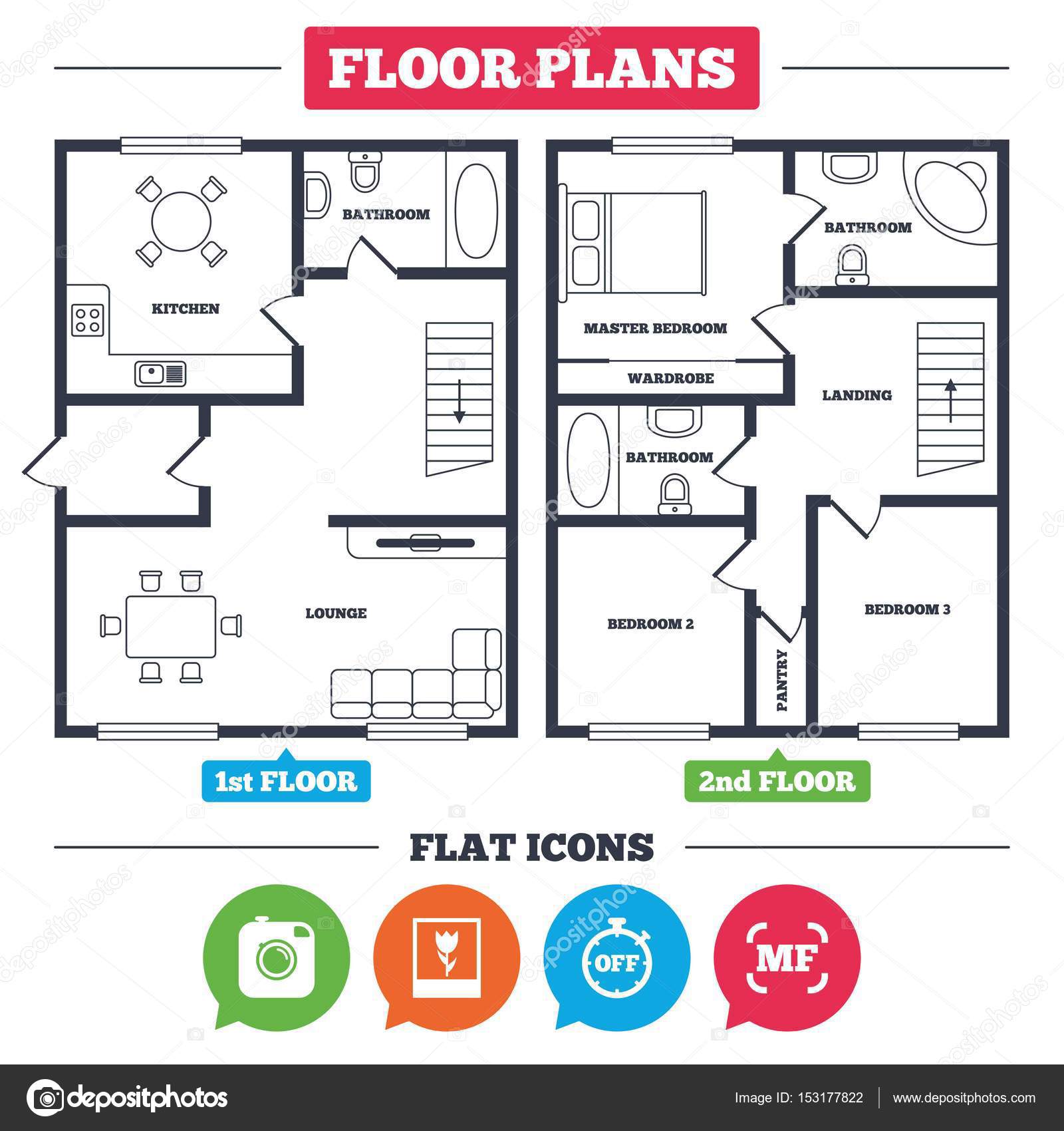 Architecture plan with furniture. House floor plan. Hipster retro photo camera icon. Manual focus symbols. Stopwatch timer off sign. Macro symbol.
