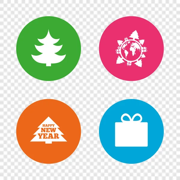 Happy new year sign. Christmas tree and gift box. — Stock Vector
