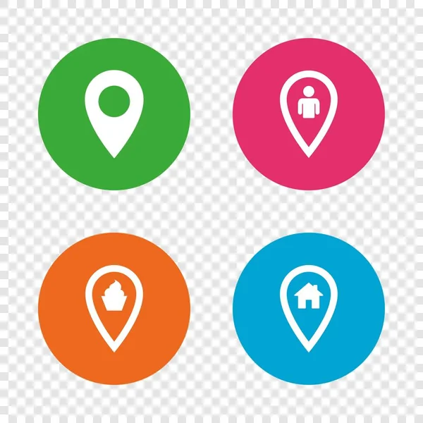 Mapa ikony wskaźnika. Lokalizacja domu, żywności i użytkownika. — Wektor stockowy