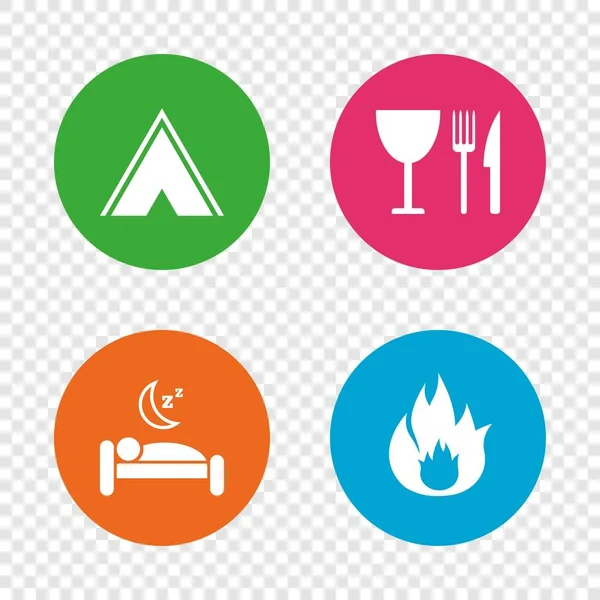 Nourriture, sommeil, tente de camping et signes de feu . — Image vectorielle