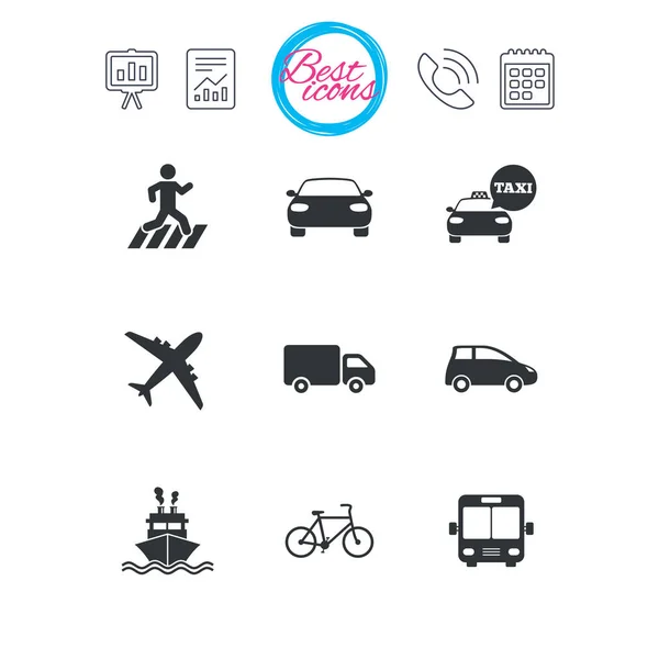 Icone dei trasporti. Segnaletica per auto, bici, autobus e taxi . — Vettoriale Stock