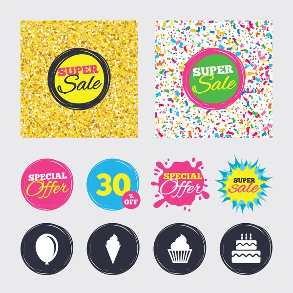 Birthday party icons. Cake with ice cream symbol. — Stock Vector