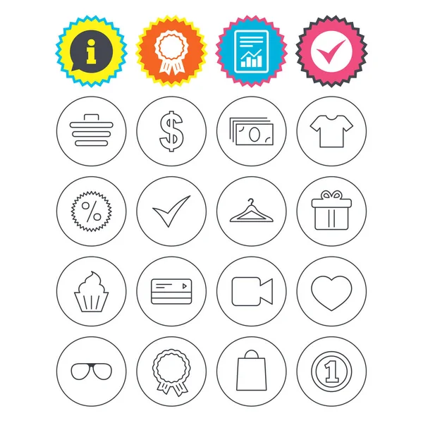 Shopping icons. Shirt, gift box and currency. — Stock Vector
