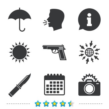 Bıçak, şemsiye ve fotoğraf fotoğraf makinesi.