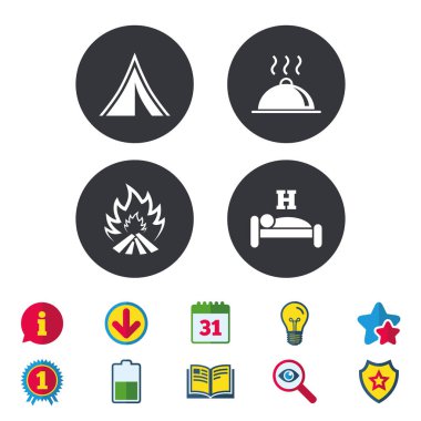 Sıcak yemek, uyku, kamp çadır ve yangın işaretleri.