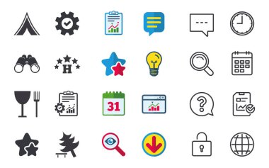 Gıda, otel, kamp çadır ve ağaç işaretleri.