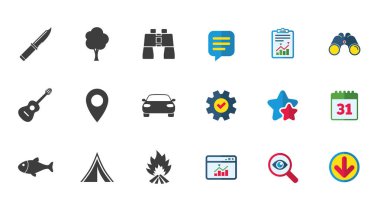 Kamp, turizm simgeler. Balık tutma, gitar müzik.