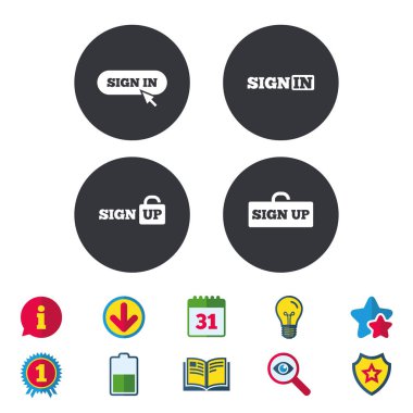 Takvim, bilgi ve indirmek işaretleri. 