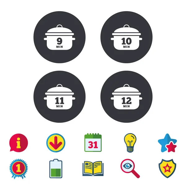 Botões de círculo. ícones da bandeja de cozinha. Ferva sinais de 9, 10, 11 e 12 minutos. símbolo de alimento cozido. textura de quadrados sem costura. Vector — Wektor stockowy