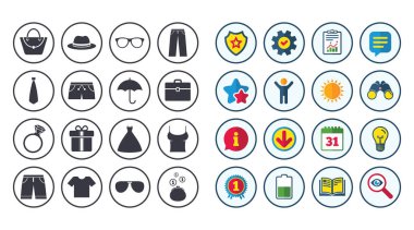 Giysi, Aksesuar ve gözlük simgeler kümesi.