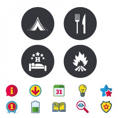 Yemek, uyku, kamp çadır ve yangın işaretleri.