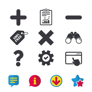 Artı ve eksi simgeleri. Soru SSS sembolü.