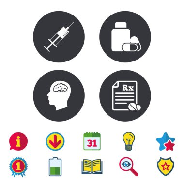 Tıp simgeler. Tablet şişe, beyin, Rx.