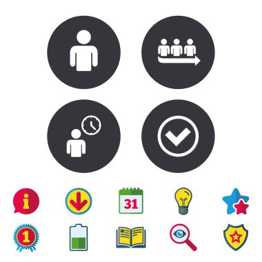 Sıra simgesi. Kişi bekleyen işareti. Onay ve saat.