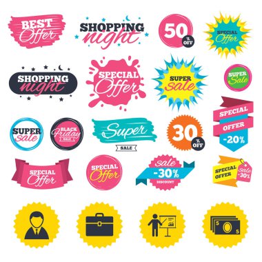 işadamı işaretler. insan ve nakit para simgeleri.