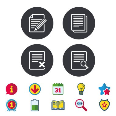 Belge simgeleri. Arama, silmek ve dosyayı düzenlemek.