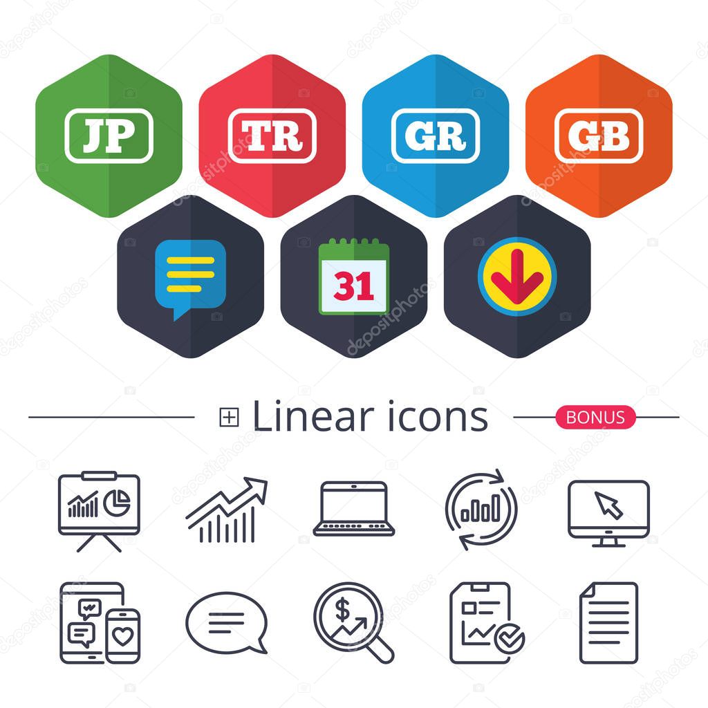 Language icons. JP, TR, GR and GB translation.