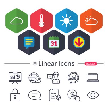 Hava simgeler. Bulut ve güneş. Sıcaklık sembolü.