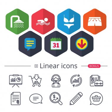 Yüzme Havuzu simgeler. Duş ve mayo işaretleri.