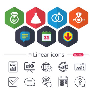 Düğün elbise simgesi. Gelin ve damat yüzük sembolü.