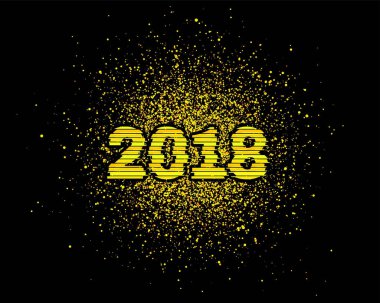 Altın glitter ile vektör 2018 yeni yıl. Sarı cirlce konfeti sıçramak. Festival premium tasarım şablonu takvim posteri veya başlığı. Siyah arka plan üzerinde arıza etkisi.