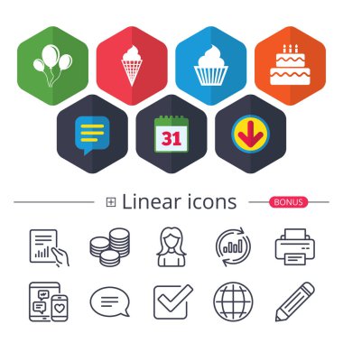 Takvim, konuşma balonu ve Download işaretler. Doğum günü partisi simgeler. Pasta Dondurma işaretleri. Hava balonları ile ip sembolü. Sohbet, grafik hat simgeler rapor. Daha fazla lineer işaretler. Düzenlenebilir inme. Vektör