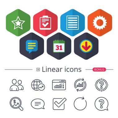 Takvim, konuşma balonu ve Download işaretler. Yıldız favori ve menü simgeleri listelenmektedir. Denetim listesi ve dişli işareti sembolleri dişli. Sohbet, grafik hat simgeler rapor. Daha fazla lineer işaretler. Düzenlenebilir inme. Vektör