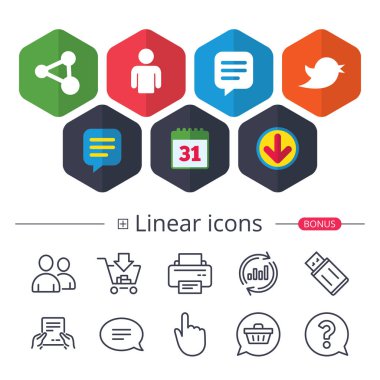 Takvim, konuşma balonu ve Download işaretler. İnsan kişi ve paylaşım simgeler. Konuşma balonu sembolleri. İletişim işaretler. Sohbet, grafik hat simgeler rapor. Daha fazla lineer işaretler. Düzenlenebilir inme. Vektör