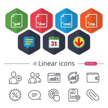 Takvim, konuşma balonu ve Download işaretler. Download belge simgeler. Dosya uzantıları sembolleri. PDF, ZIP sıkıştırılmış, Xml ve doktor işaretler. Sohbet, grafik hat simgeler rapor. Daha fazla lineer işaretler. Düzenlenebilir kontur