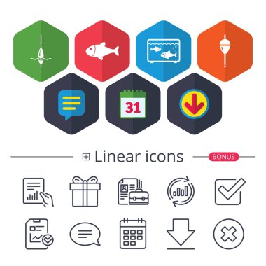 Takvim, konuşma balonu ve Download işaretler. Balık tutma simgeler. Balıkçı ile balık işareti kanca. Float bobber sembolü. Akvaryum simgesi. Sohbet, grafik hat simgeler rapor. Daha fazla lineer işaretler. Düzenlenebilir inme. Vektör