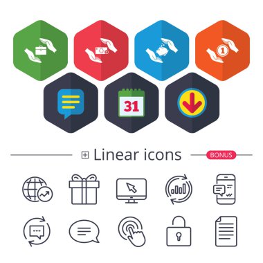 Takvim, konuşma balonu ve Download işaretler. Eller sigorta simgeler. Kumbara servet sembolü. Para tasarruf sigorta işaretler. Bagaj ve nakit para sembolleri seyahat. Sohbet, rapor grafik hat simgeleri