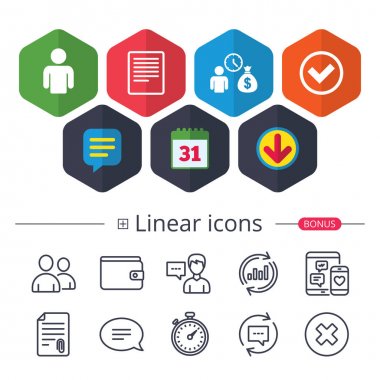 Takvim, konuşma balonu ve Download işaretler. Banka kredileri simgeler. Nakit para çantası sembolü. Kredi işareti için geçerlidir. Onay veya onay işareti. Sohbet, grafik hat simgeler rapor. Daha fazla lineer işaretler. Düzenlenebilir kontur